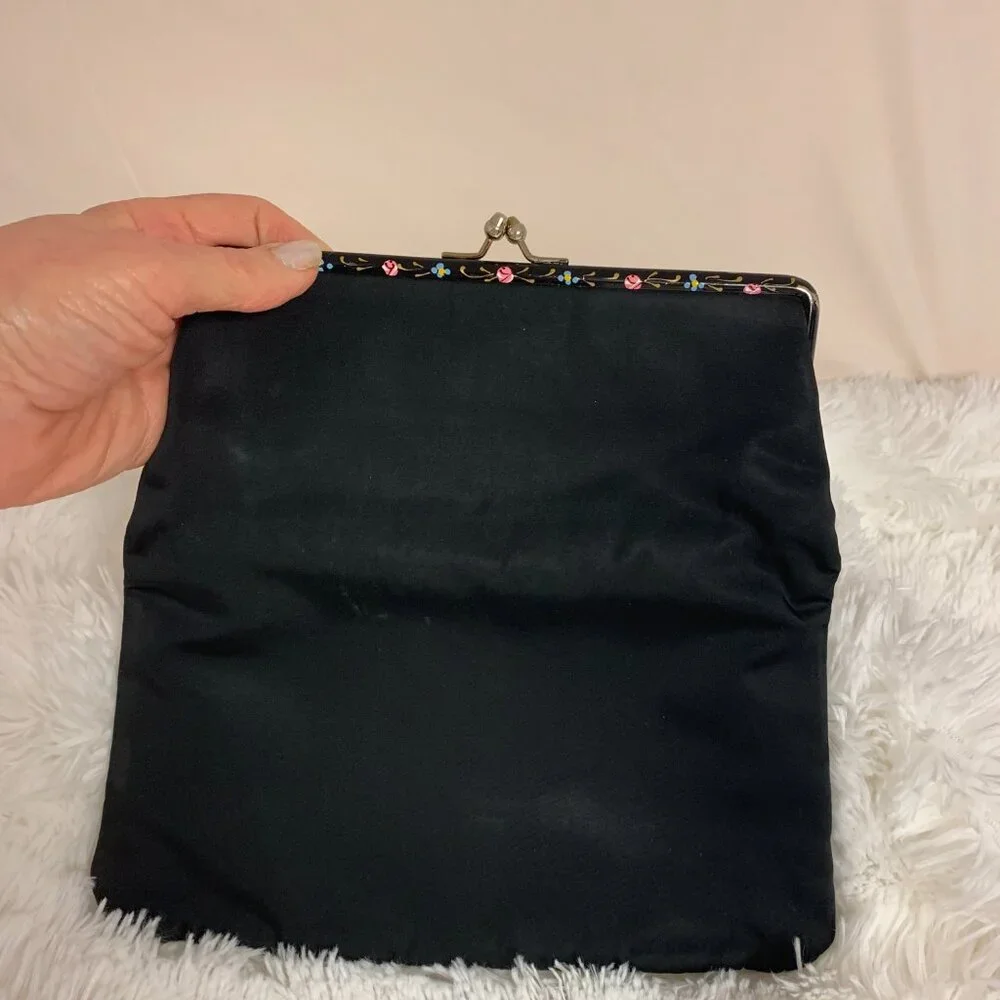 Evening Bag Black Fabric Vintage Floral Painted Trim Formal Party - Picture 2 of 9
